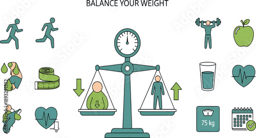 Print Balance Your Weight Infographic Set Featuring Scale Illustrations for Weight Loss Running Icons Healthy Eating and Fitness Tracking Symbols