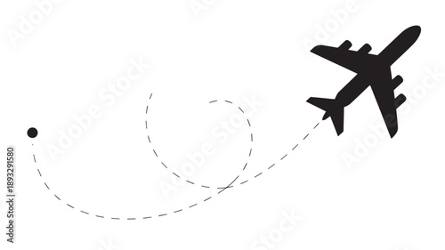 Airplane Silhouette in Flight Path with Dotted Trail in Minimalist Design for Travel Advertising