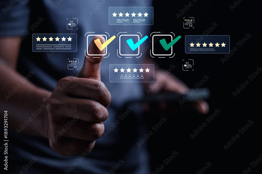 Obraz premium The businessman displays an interface showing digital quality assurance and certification symbols, representing high standards, ISO compliance, and professional business excellence.