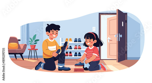 Young siblings polishing shoes together near the entrance, modern flat vector illustrating cooperation and responsible personal habits