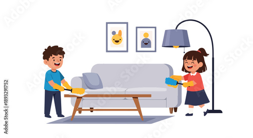 Siblings dusting furniture together in the living room, modern flat vector promoting teamwork and clean home lifestyle
