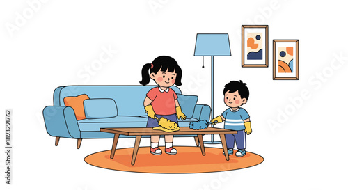 Siblings dusting furniture together in the living room, modern flat vector promoting teamwork and clean home lifestyle