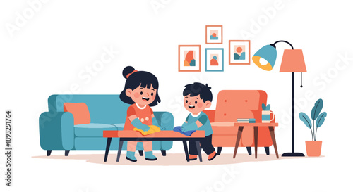 Siblings dusting furniture together in the living room, modern flat vector promoting teamwork and clean home lifestyle
