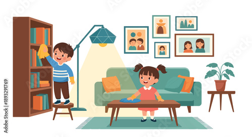 Siblings dusting furniture together in the living room, modern flat vector promoting teamwork and clean home lifestyle