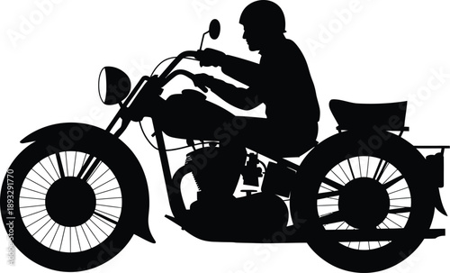 Black silhouette of a rider on a classic motorcycle with a sidecar against a white background