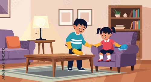 Siblings dusting furniture together in the living room, modern flat vector promoting teamwork and clean home lifestyle