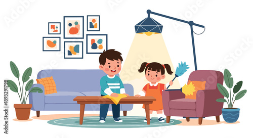 Siblings dusting furniture together in the living room, modern flat vector promoting teamwork and clean home lifestyle