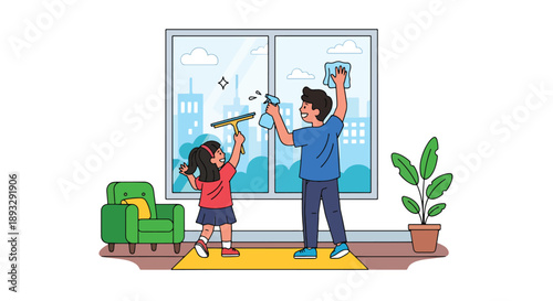 Siblings cleaning window glass together, modern flat vector illustrating teamwork and a bright, healthy home environment