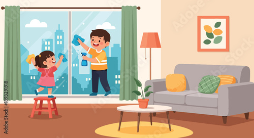 Siblings cleaning window glass together, modern flat vector illustrating teamwork and a bright, healthy home environment