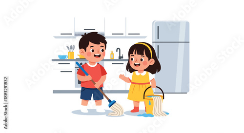 Young siblings mopping the kitchen floor together, modern flat vector showing cooperation and shared responsibility at home
