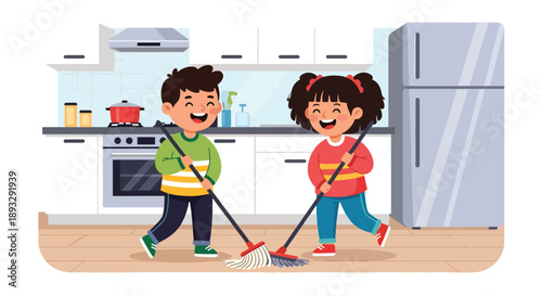 Young siblings mopping the kitchen floor together, modern flat vector showing cooperation and shared responsibility at home