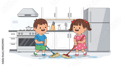 Young siblings mopping the kitchen floor together, modern flat vector showing cooperation and shared responsibility at home