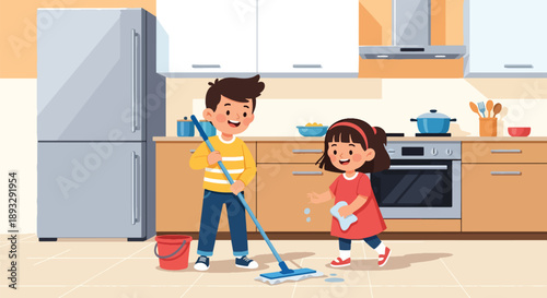 Young siblings mopping the kitchen floor together, modern flat vector showing cooperation and shared responsibility at home