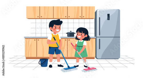 Young siblings mopping the kitchen floor together, modern flat vector showing cooperation and shared responsibility at home