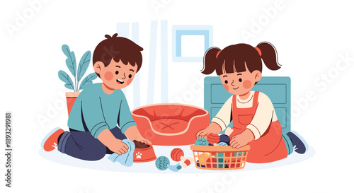 Siblings cleaning the pet area together, modern flat vector promoting teamwork, kindness, and responsibility toward animals