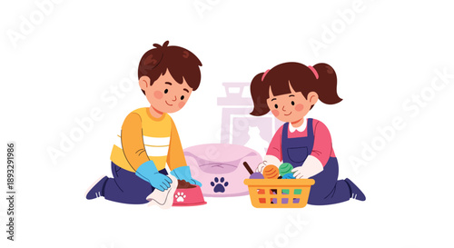 Siblings cleaning the pet area together, modern flat vector promoting teamwork, kindness, and responsibility toward animals