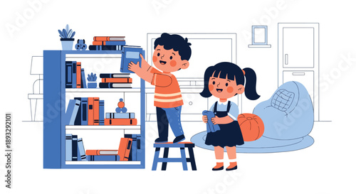 Young siblings cleaning and organizing a bookshelf together, modern flat vector illustrating teamwork and love for learning