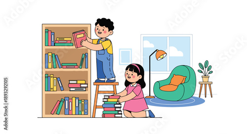 Young siblings cleaning and organizing a bookshelf together, modern flat vector illustrating teamwork and love for learning