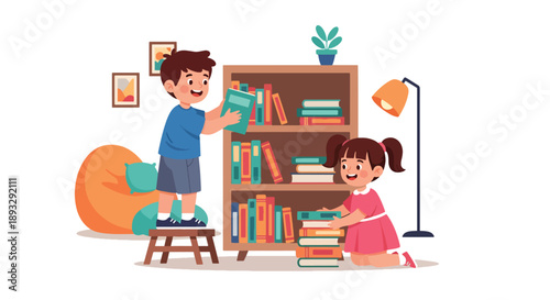 Young siblings cleaning and organizing a bookshelf together, modern flat vector illustrating teamwork and love for learning