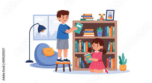 Young siblings cleaning and organizing a bookshelf together, modern flat vector illustrating teamwork and love for learning