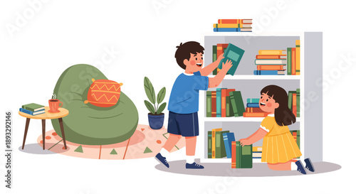 Young siblings cleaning and organizing a bookshelf together, modern flat vector illustrating teamwork and love for learning