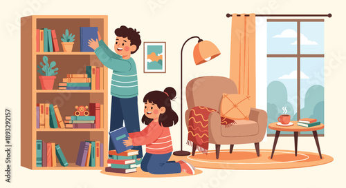 Young siblings cleaning and organizing a bookshelf together, modern flat vector illustrating teamwork and love for learning