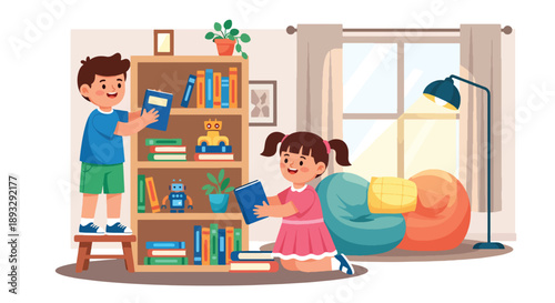 Young siblings cleaning and organizing a bookshelf together, modern flat vector illustrating teamwork and love for learning