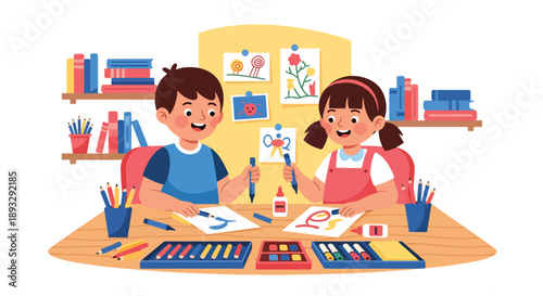 Siblings organizing art supplies together, modern flat vector illustrating teamwork and creative discipline at home