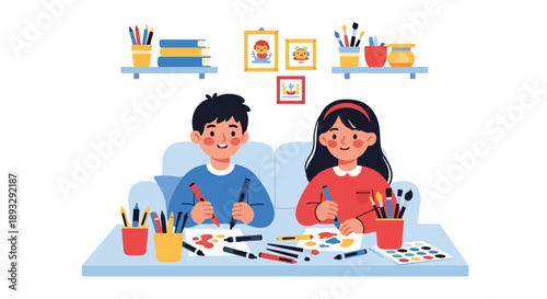 Siblings organizing art supplies together, modern flat vector illustrating teamwork and creative discipline at home