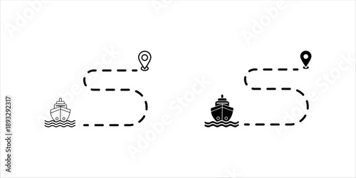 Shipping route path line icon set. with cargo ship and location pin. Represents logistics tracking, delivery route, navigation, and transportation journey.