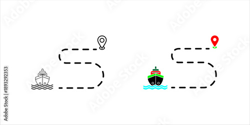Shipping route path line icon set. with cargo ship and location pin. Represents logistics tracking, delivery route, navigation, and transportation journey.