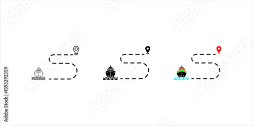 Shipping route path line icon set. with cargo ship and location pin. Represents logistics tracking, delivery route, navigation, and transportation journey.
