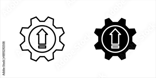 Gear with upward arrow icon set. in outline style representing system upgrade, performance improvement, optimization, and technical enhancement.