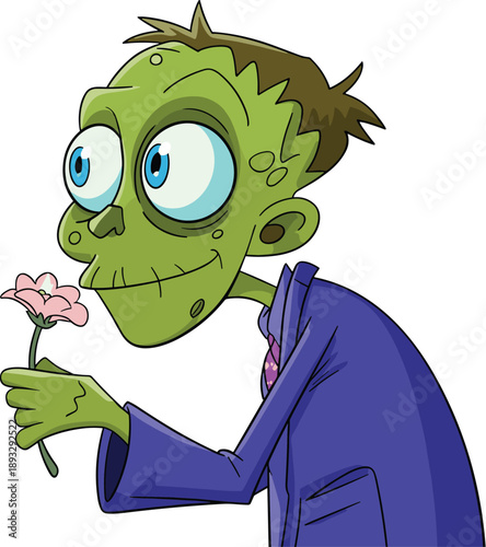 Friendly Green Zombie in a Purple Suit Smelling a Pink Flower, Concept of Whimsical Horror, Gentle Undead Character, Nature Discovery, and Quirky Fantasy Vector Illustration