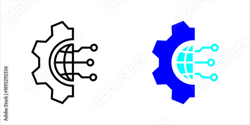 Gear with globe and digital connection nodes icon set. in outline style representing global systems, digital infrastructure, networking, and technology integration.