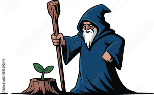 Ancient Wizard Guardian Standing Next to a New Sprout Growing from a Tree Stump, Concept of Magical Wisdom, Nature Rebirth, Forest Regeneration, and Fantasy Adventure Vector Illustration