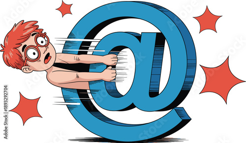 Man Pushed Back by a Massive Blue At Symbol, Concept of Social Media Obsession, Digital Communication Overload, Internet Addiction, and Mental Strain of Online Presence Vector Illustration