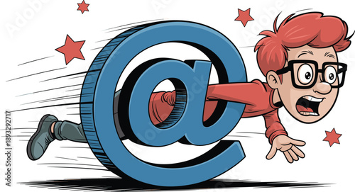 Man Being Dragged by a Massive Blue At Symbol, Concept of Digital Communication Overload, Social Media Addiction, Internet Fatigue, and Mental Strain of Online Presence Vector Illustration