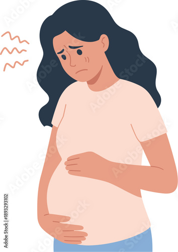 Pregnant Woman Showing Signs of Discomfort and Pain, Concept of Prenatal Health Symptoms, Pregnancy Backache, Morning Sickness, Maternal Wellbeing, and Medical Healthcare Vector Illustration
