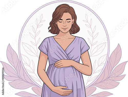 Serene Pregnant Woman Cradling Her Belly in Lavender Dress with Botanical Frame, Concept of Expectant Motherhood, Prenatal Connection, Maternal Wellness, and Feminine Peace Vector Illustration