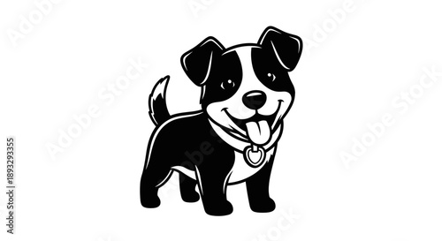 Cute Black and White Cartoon Dog Standing Happily.