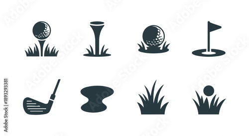 Golf course icon set with ball on tee, flag hole, club, and grass.