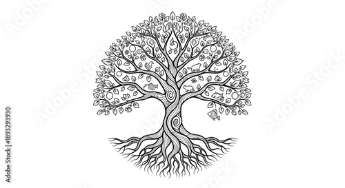 Intricate Black and White Tree of Life Illustration.