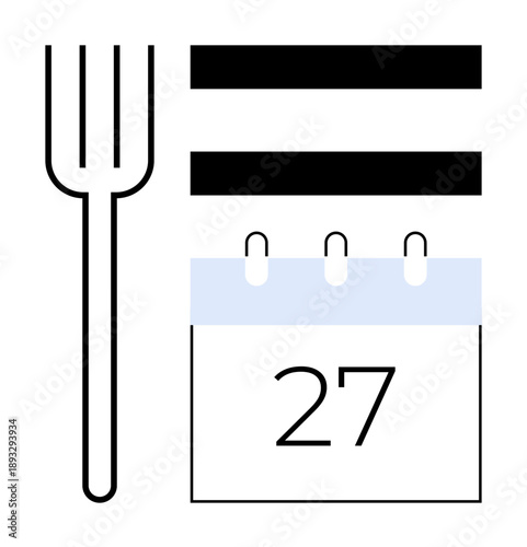 Fork next to a calendar with the number 27 highlights meal scheduling, dietary planning, or set dining dates. Ideal for nutrition, diet, time management, organization, event planning, health focus