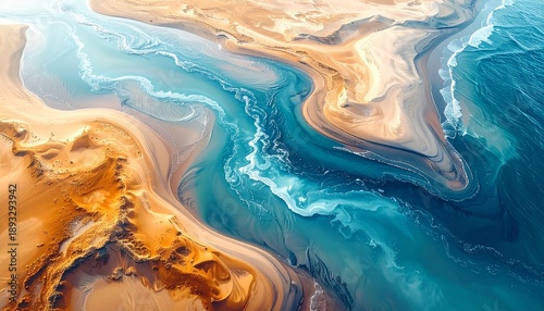 Aerial view of abstract ocean waves and sandy shoreline blending in fluid motion