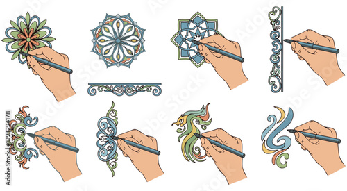 Henna tattoo designs on hands with floral mandala and jewelry patterns vector set