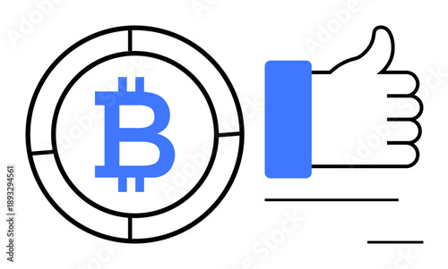 Bitcoin concept. Bitcoin symbol alongside a thumbs-up icon cryptocurrency popularity. Bitcoin as a sign of modern finance and social support. For fintech, blockchain, investments, digital marketing