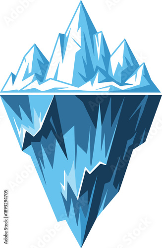 Stylized iceberg vector with submerged mass below waterline, symbolizing hidden depth, data layers, psychology, education, and conceptual illustration for analysis and transformation themes.