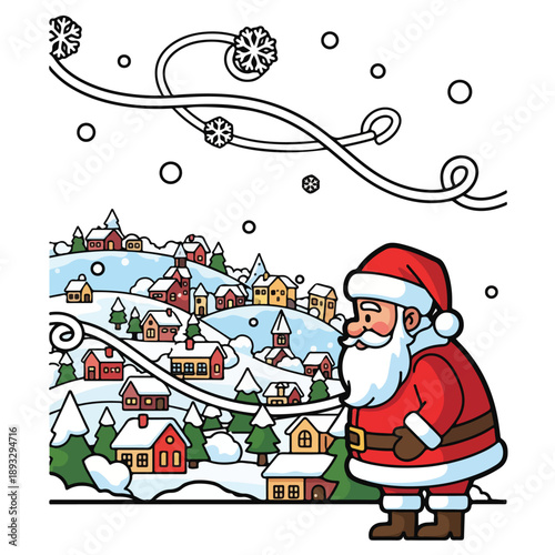 A cartoon Santa Claus looks over a snow-covered village