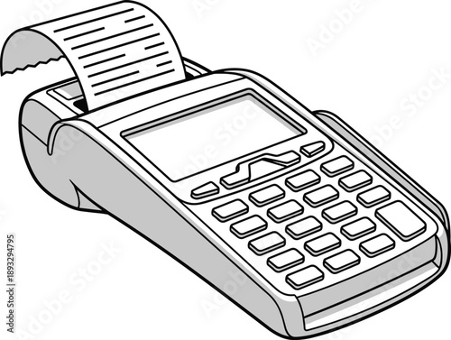 Black-and-white line drawing of POS terminal with receipt, vector icon for payment systems, retail checkout, financial technology, and modern transaction illustrations.